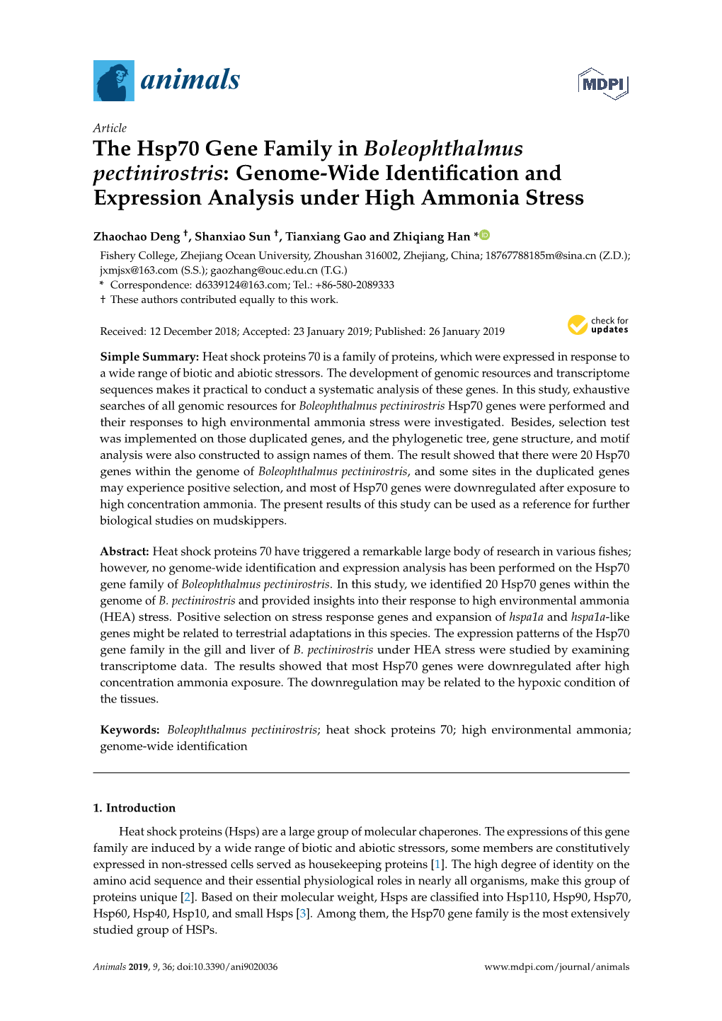 The Hsp70 Gene Family in Boleophthalmus Pectinirostris: Genome-Wide Identiﬁcation and Expression Analysis Under High Ammonia Stress