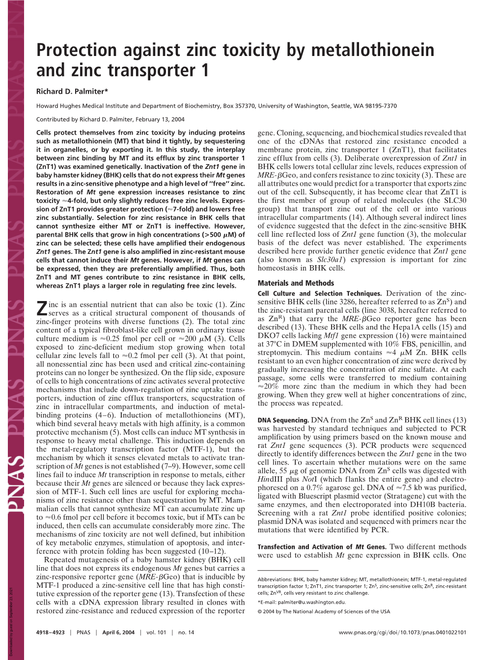 Protection Against Zinc Toxicity by Metallothionein and Zinc Transporter 1