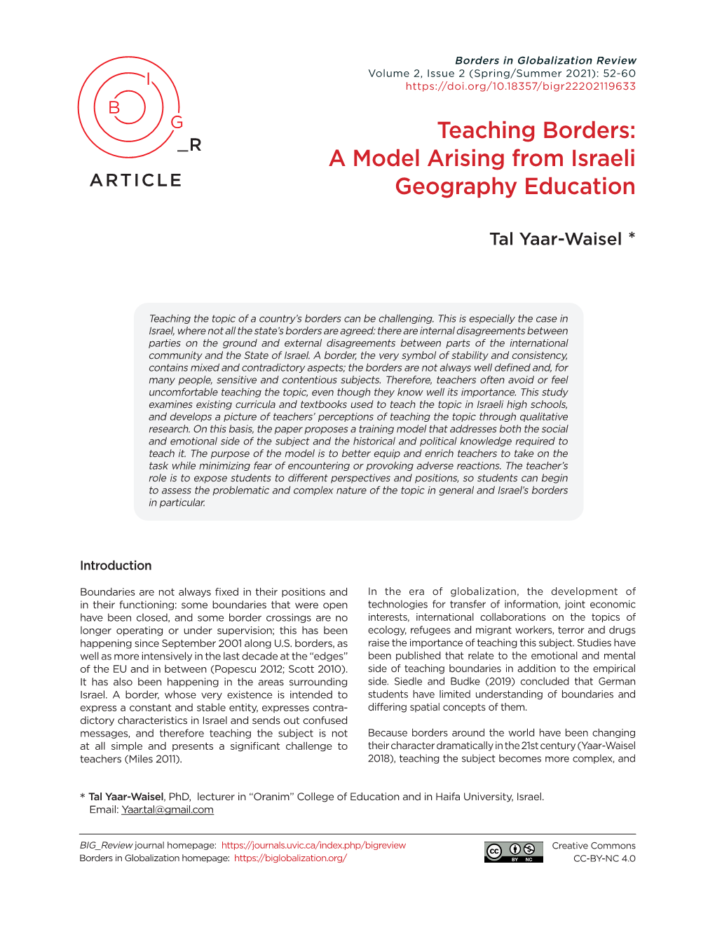 Teaching Borders: a Model Arising from Israeli Geography Education”