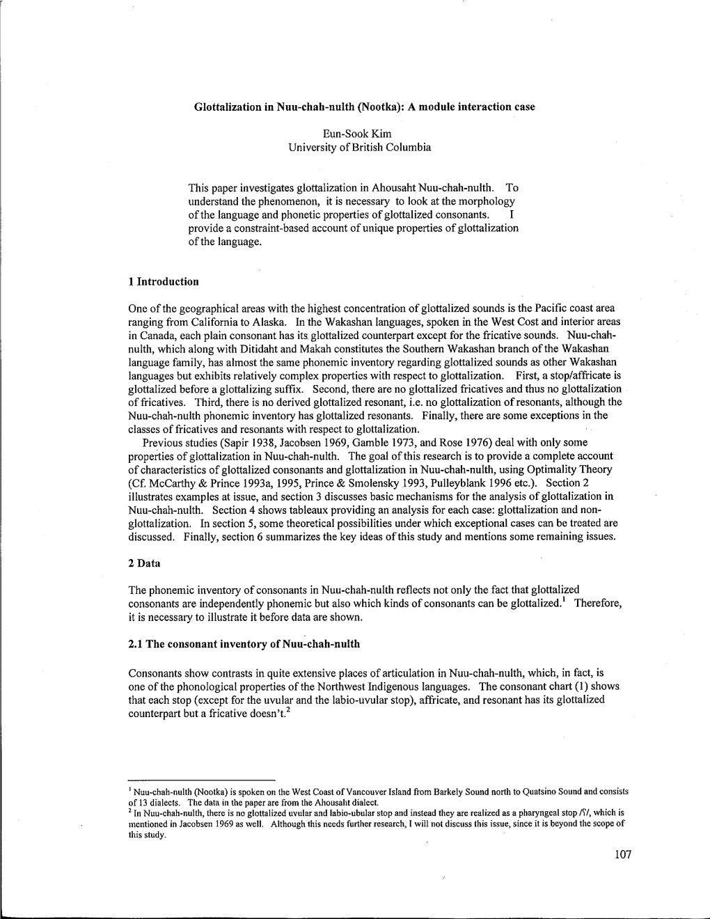 Glottalization in Nuu-Chah-Nulth (Nootka): a Module Interaction Case