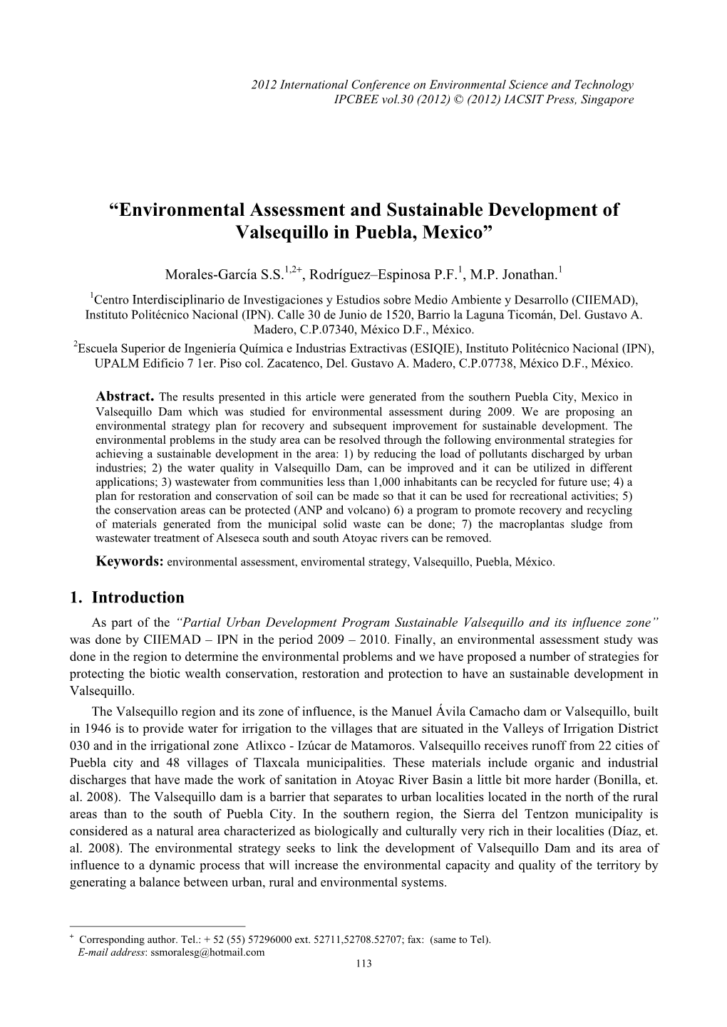 Environmental Assessment and Sustainable Development of Valsequillo in Puebla, Mexico”