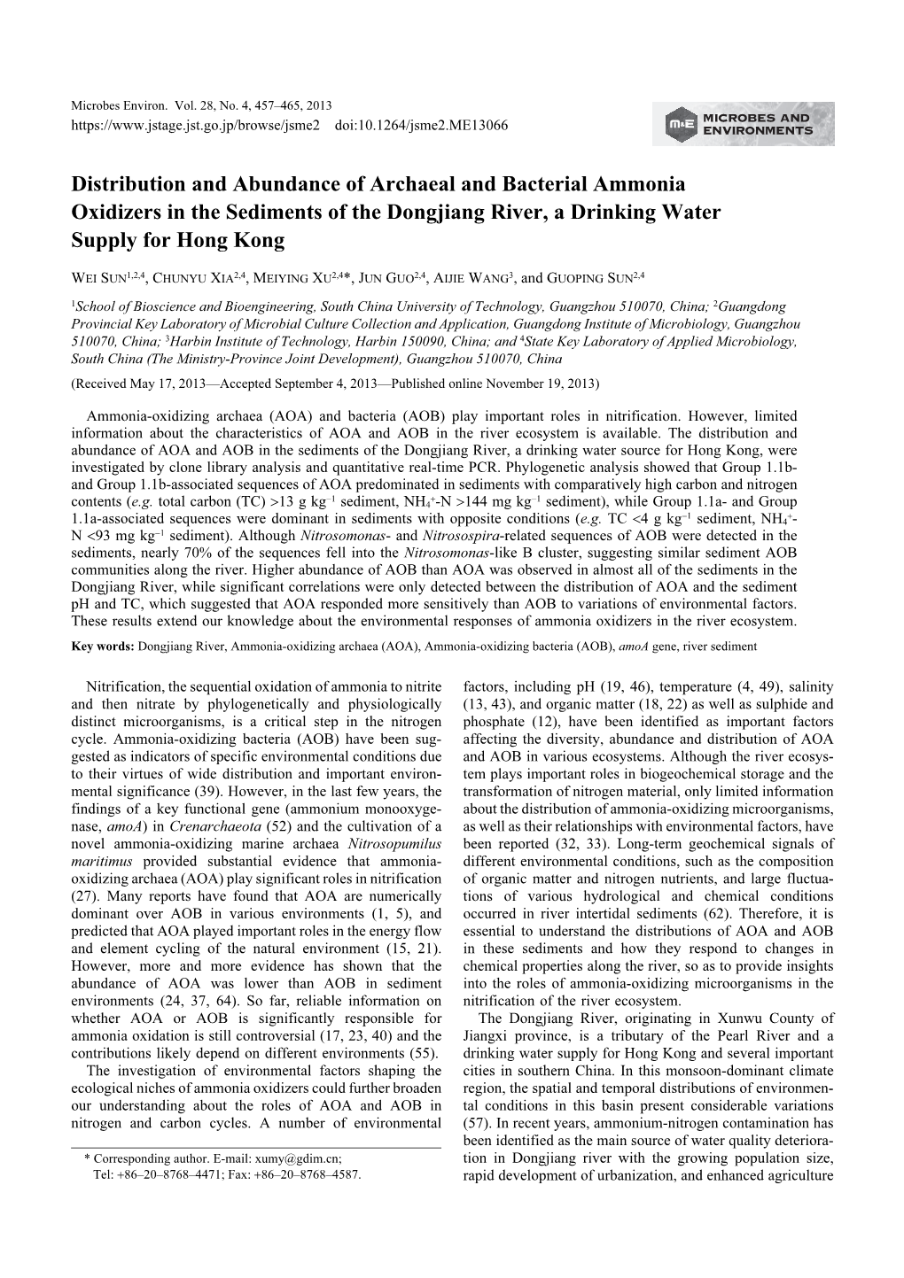 Distribution and Abundance of Archaeal and Bacterial Ammonia Oxidizers in the Sediments of the Dongjiang River, a Drinking Water Supply for Hong Kong