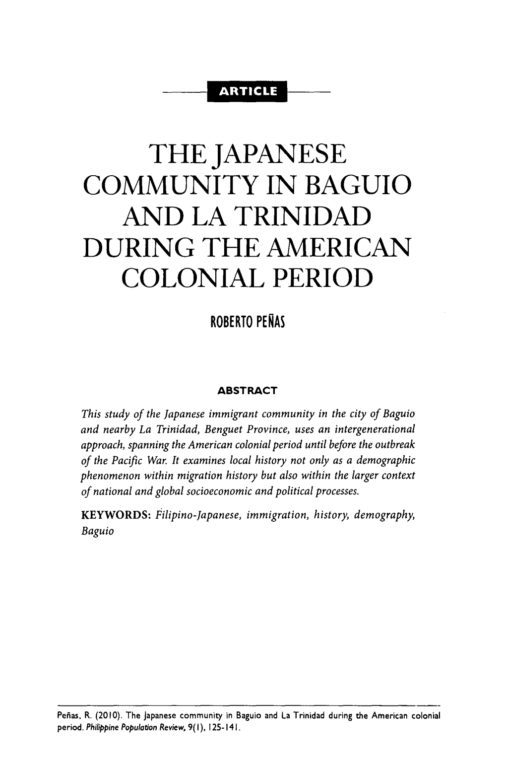 The Japanese Community in Baguio and La Trinidad During the American Colonial Period