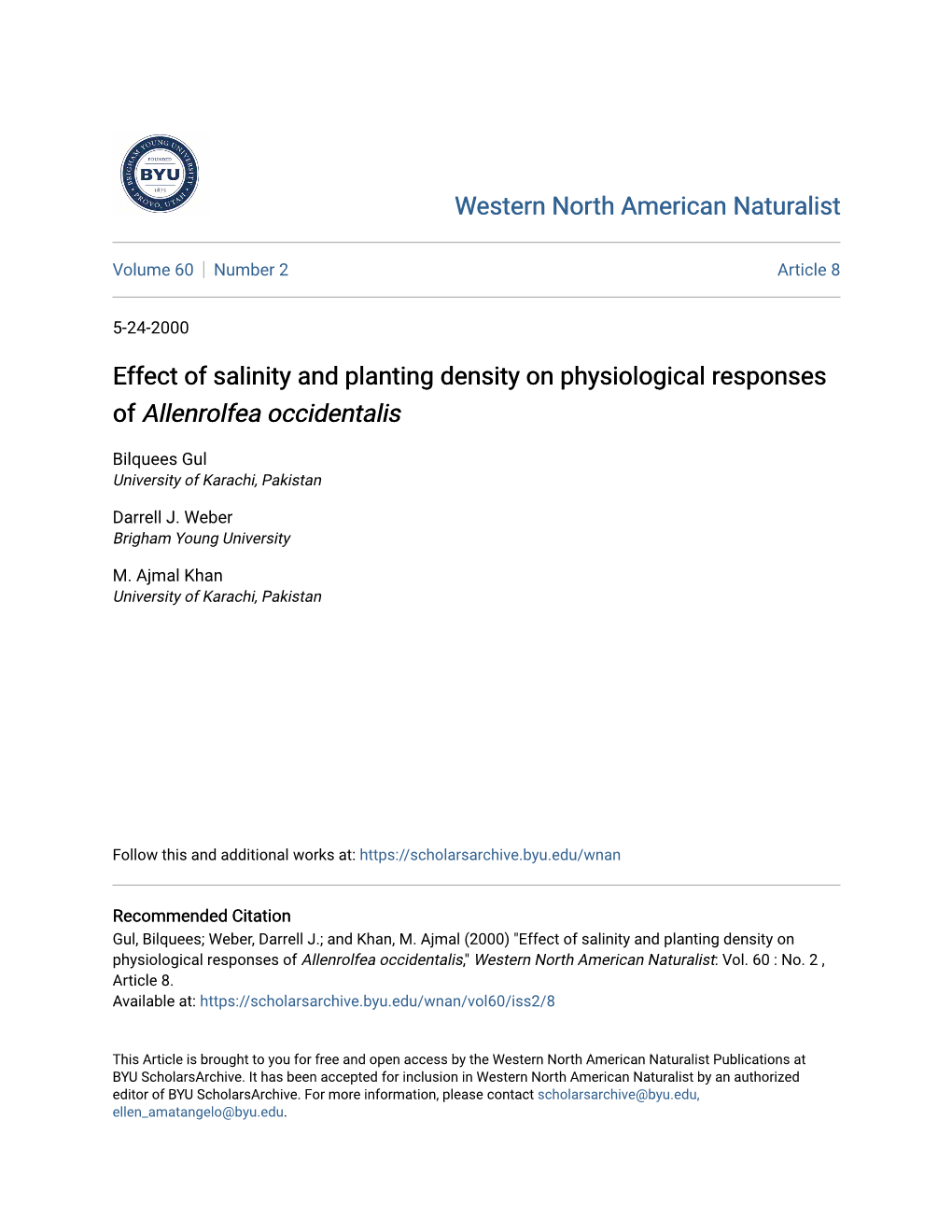 Effect of Salinity and Planting Density on Physiological Responses of Allenrolfea Occidentalis