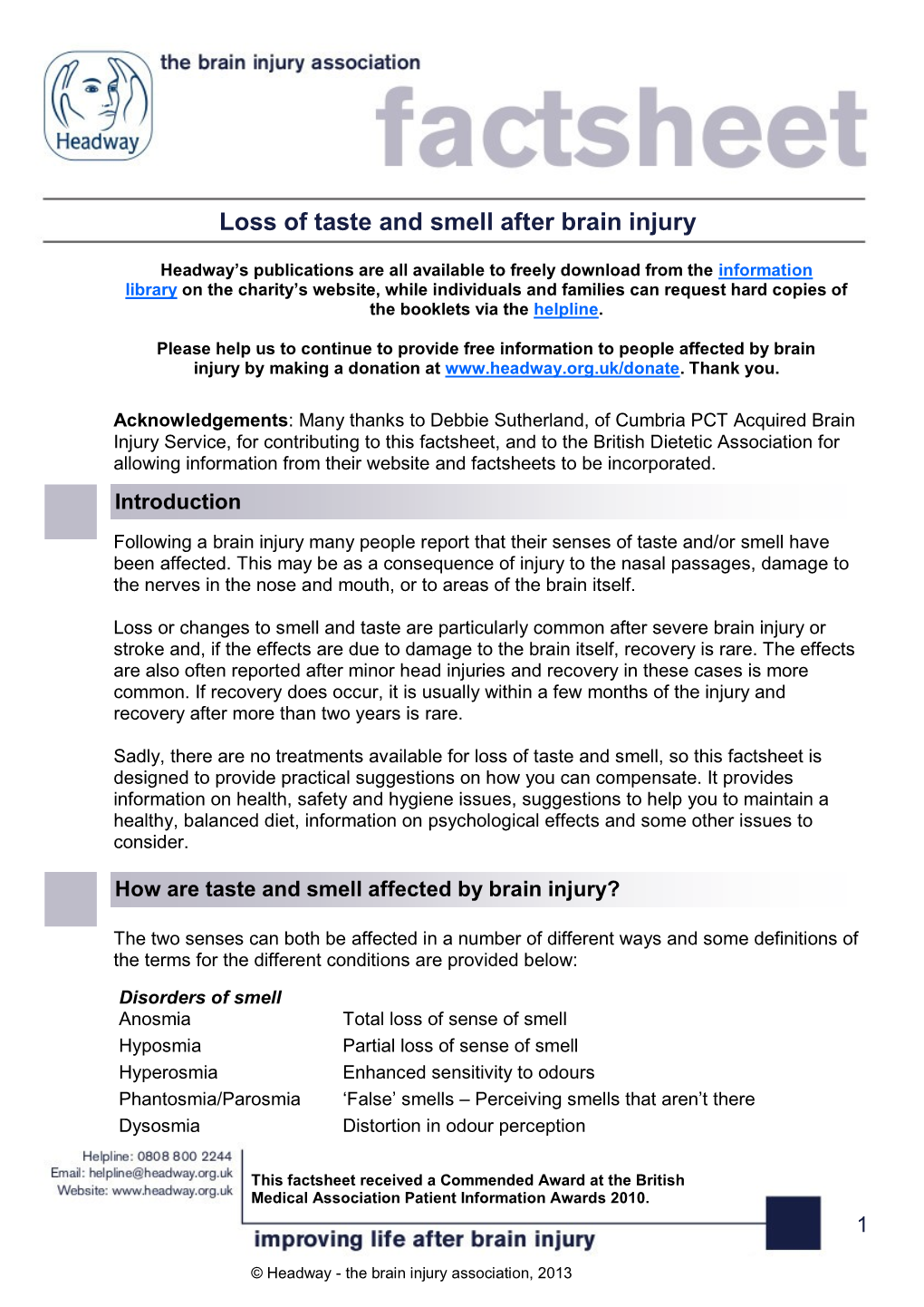 Loss of Taste and Smell After Brain Injury