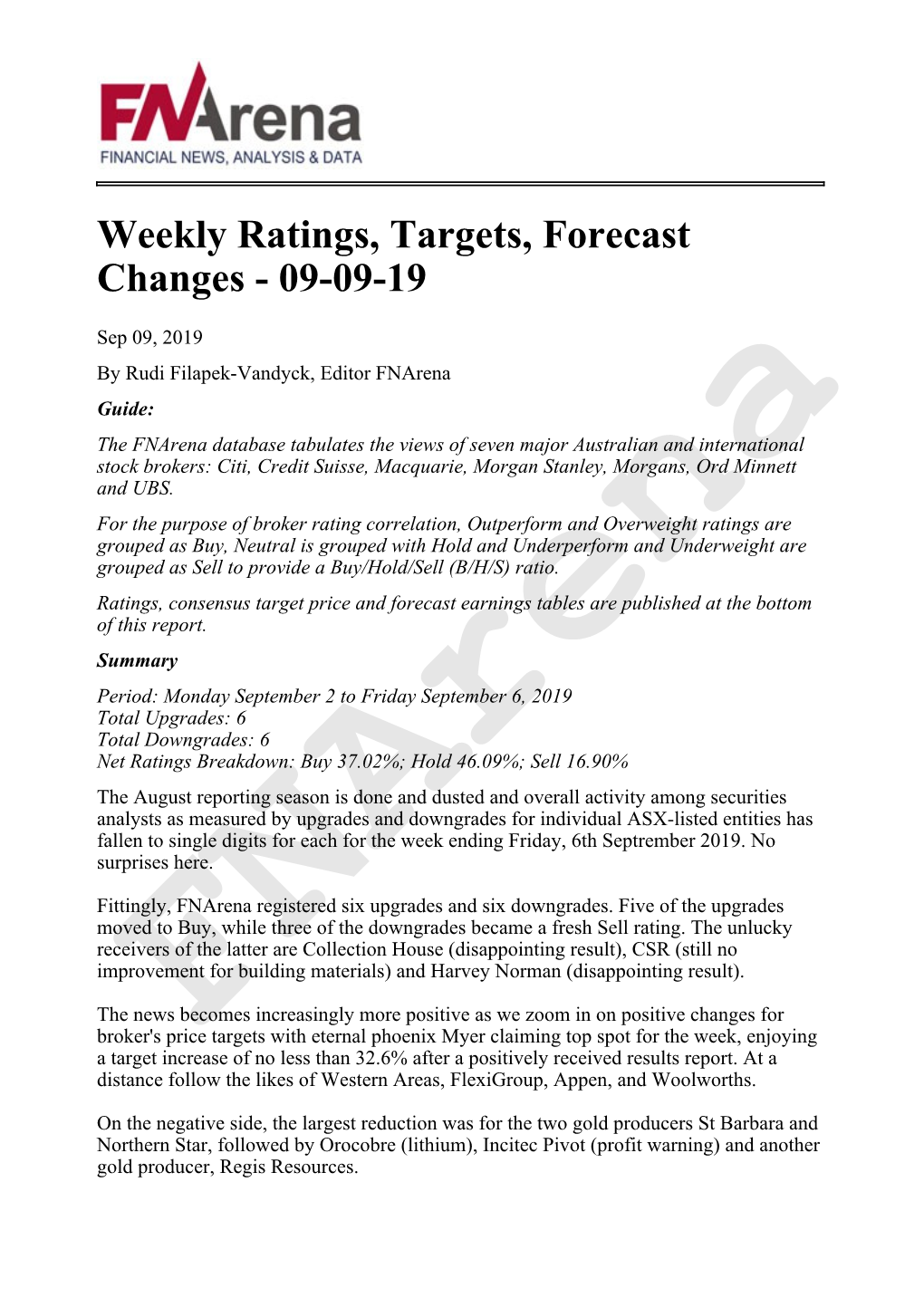 Weekly Ratings, Targets, Forecast Changes - 09-09-19