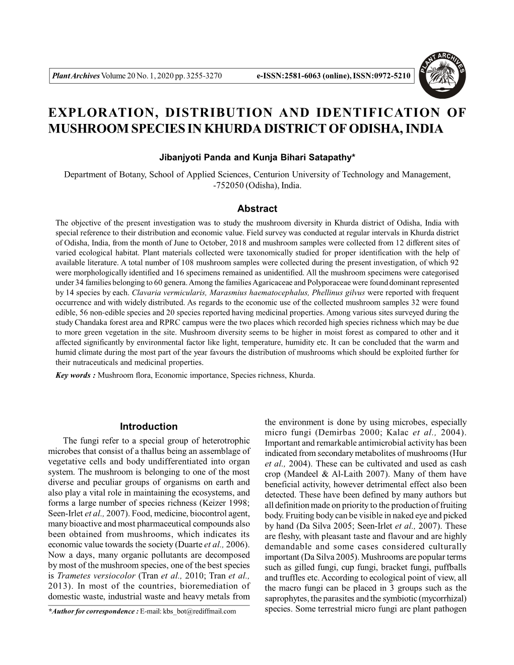 Exploration, Distribution and Identification of Mushroom Species in Khurda District of Odisha, India