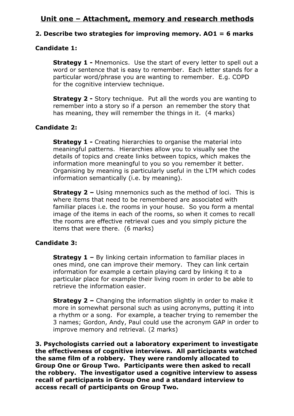 TEACHER ANSWERS Unit One Revision Example Answers