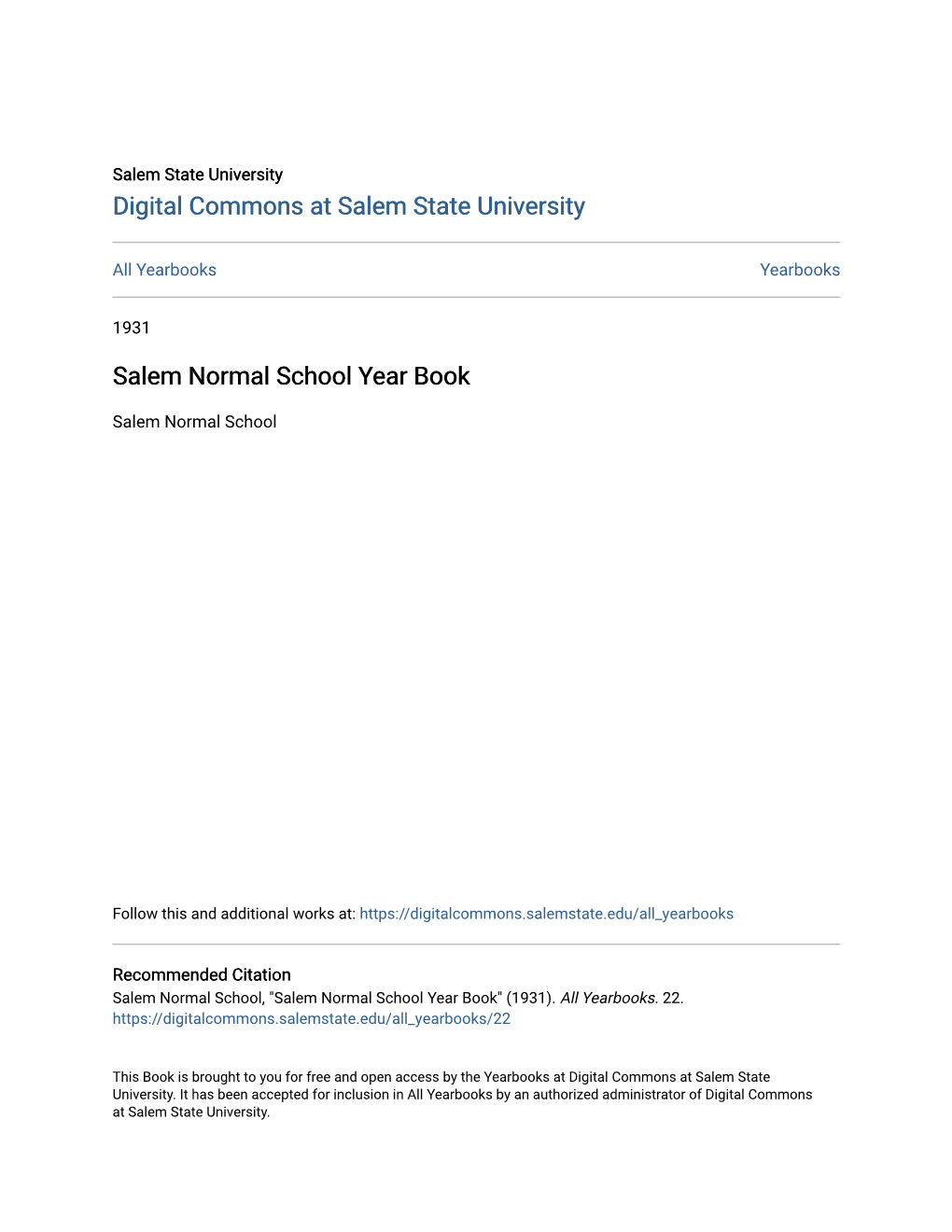 Salem Normal School Year Book