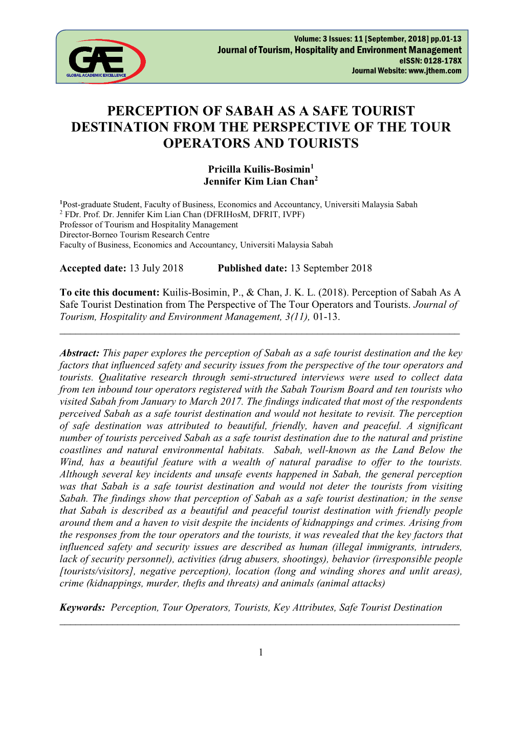 Perception of Sabah As a Safe Tourist Destination from the Perspective of the Tour Operators and Tourists