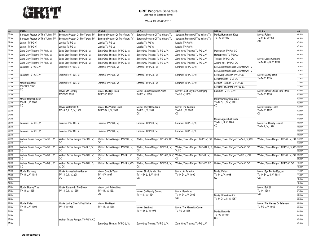 GRIT Program Schedule Listings in Eastern Time