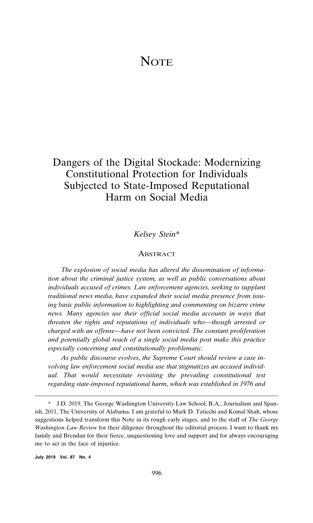 Dangers of the Digital Stockade: Modernizing Constitutional Protection for Individuals Subjected to State-Imposed Reputational Harm on Social Media