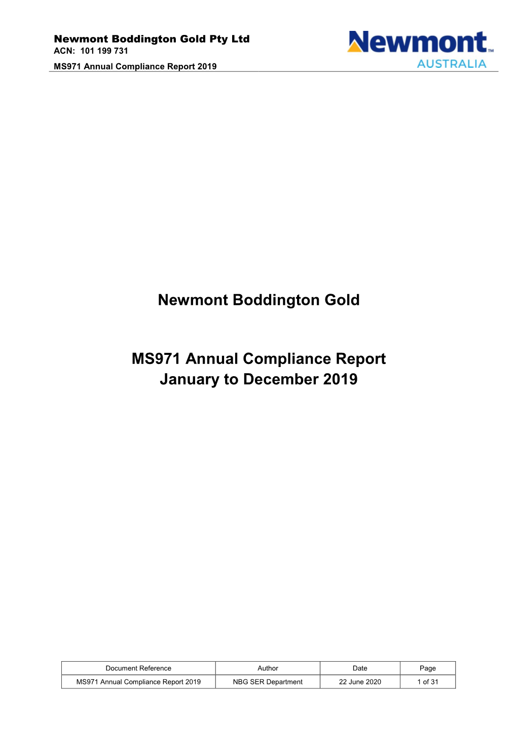 Newmont Boddington Gold MS971 Annual Compliance Report January to December 2019