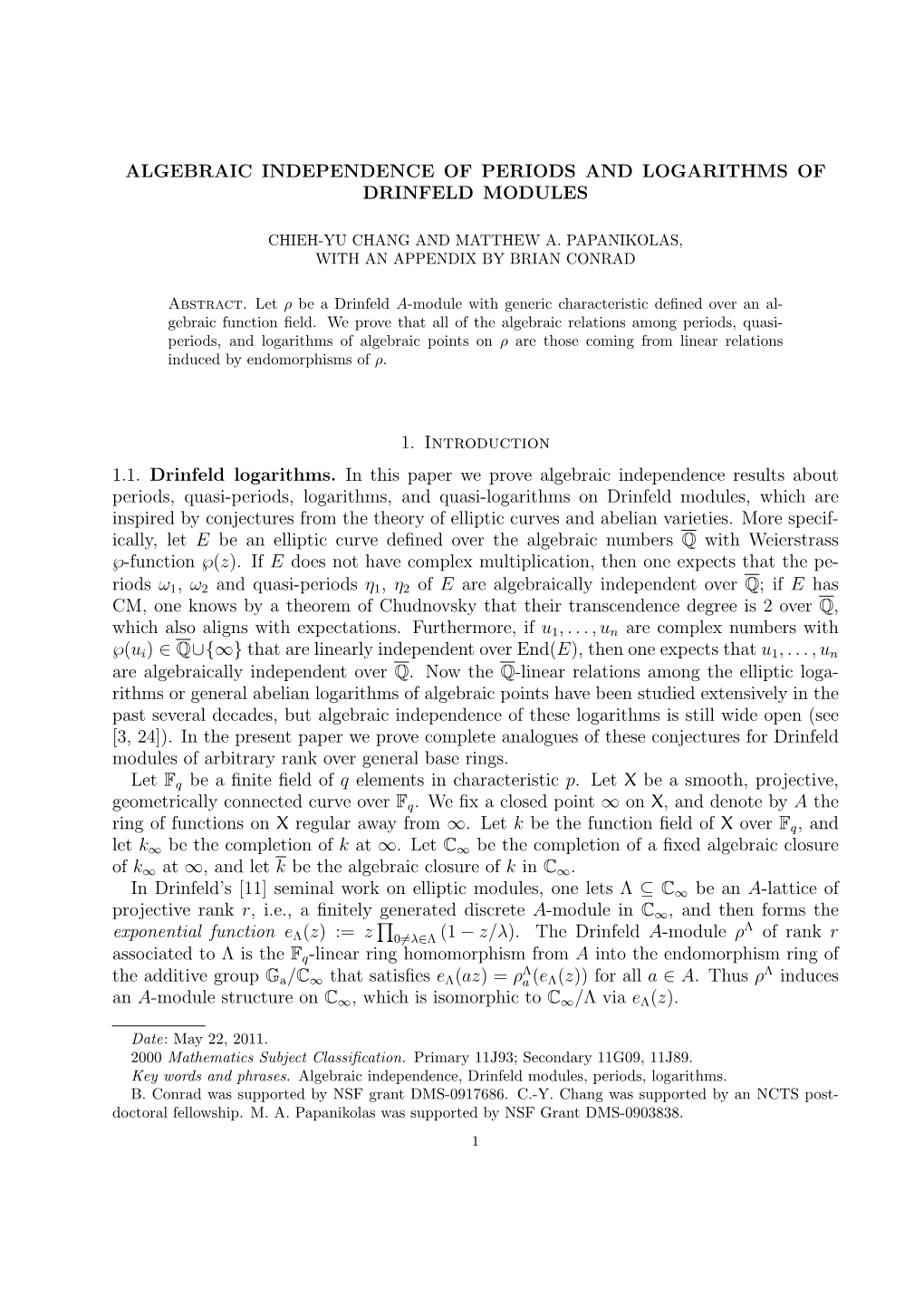 Algebraic Independence of Periods and Logarithms of Drinfeld Modules