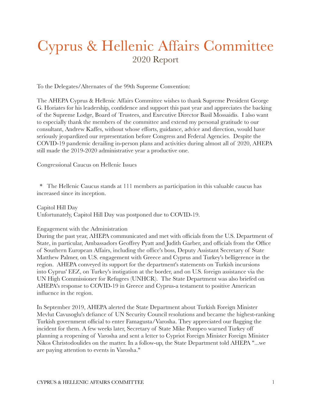 Cyprus and Hellenic Affairs Committee 2020 Report