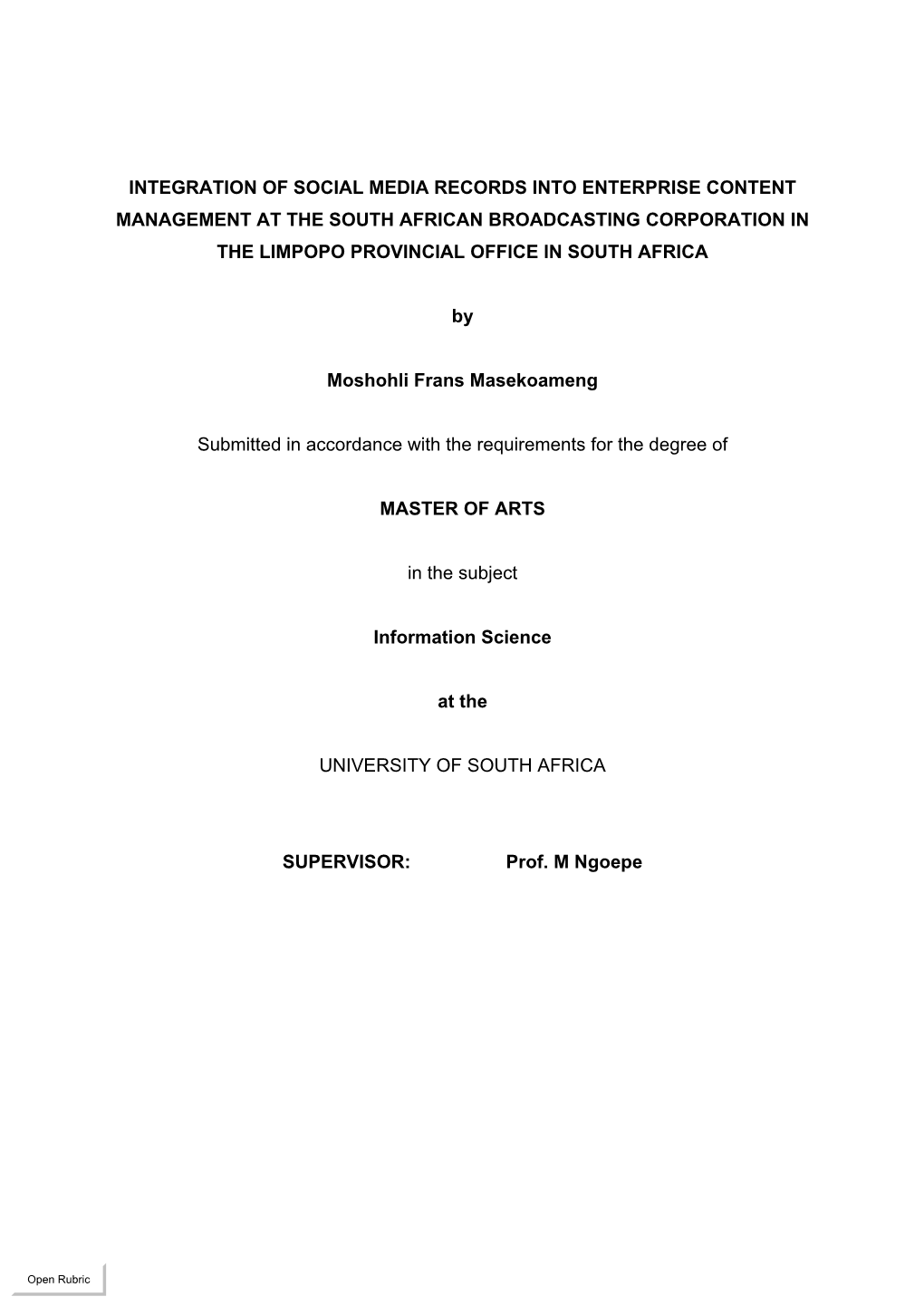Integration of Social Media Records Into Enterprise Content Management at the South African Broadcasting Corporation in the Limpopo Provincial Office in South Africa