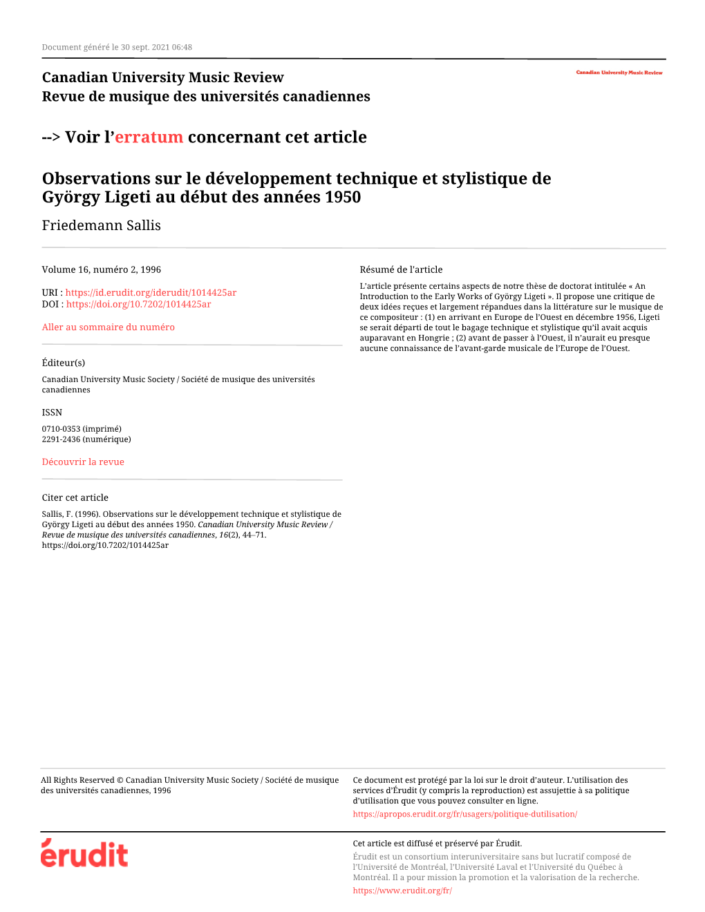 Observations Sur Le Développement Technique Et Stylistique De György Ligeti Au Début Des Années 1950 Friedemann Sallis