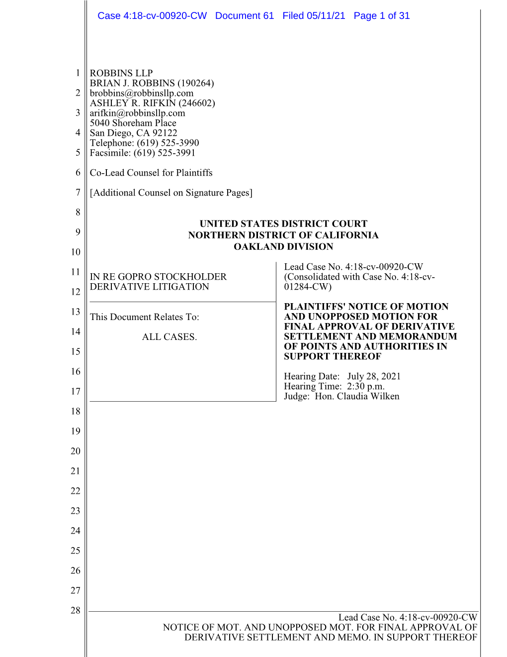 Lead Case No. 4:18-Cv-00920-CW NOTICE of MOT. and UNOPPOSED MOT