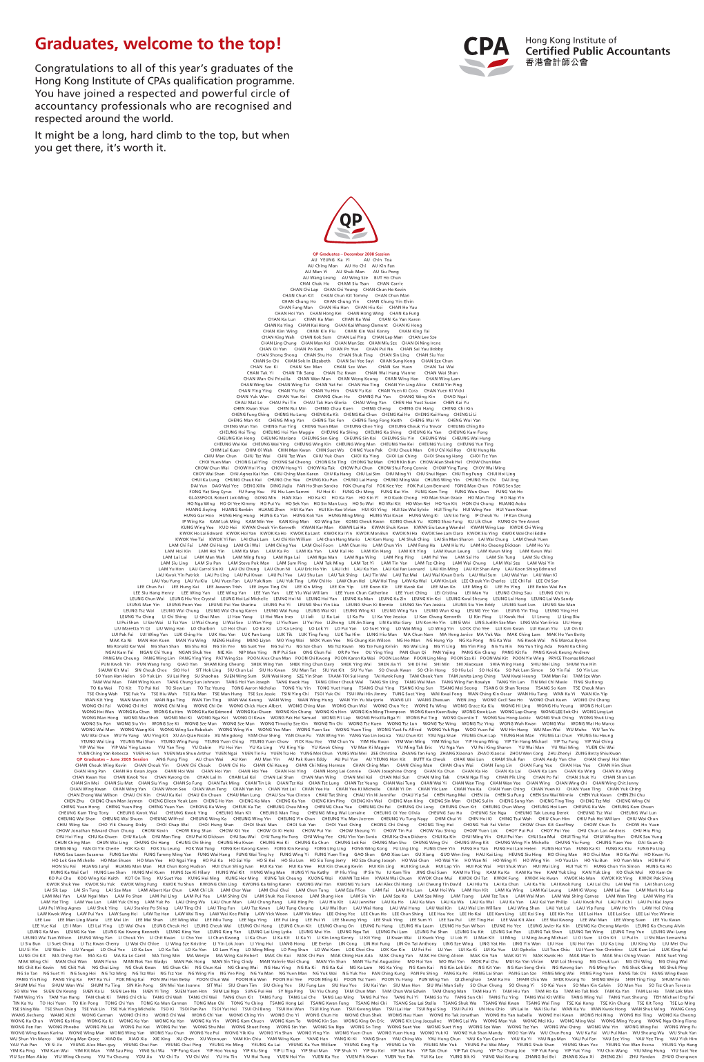 Graduates, Welcome to the Top! Congratulations to All of This Year’S Graduates of the Hong Kong Institute of Cpas Qualiﬁcation Programme