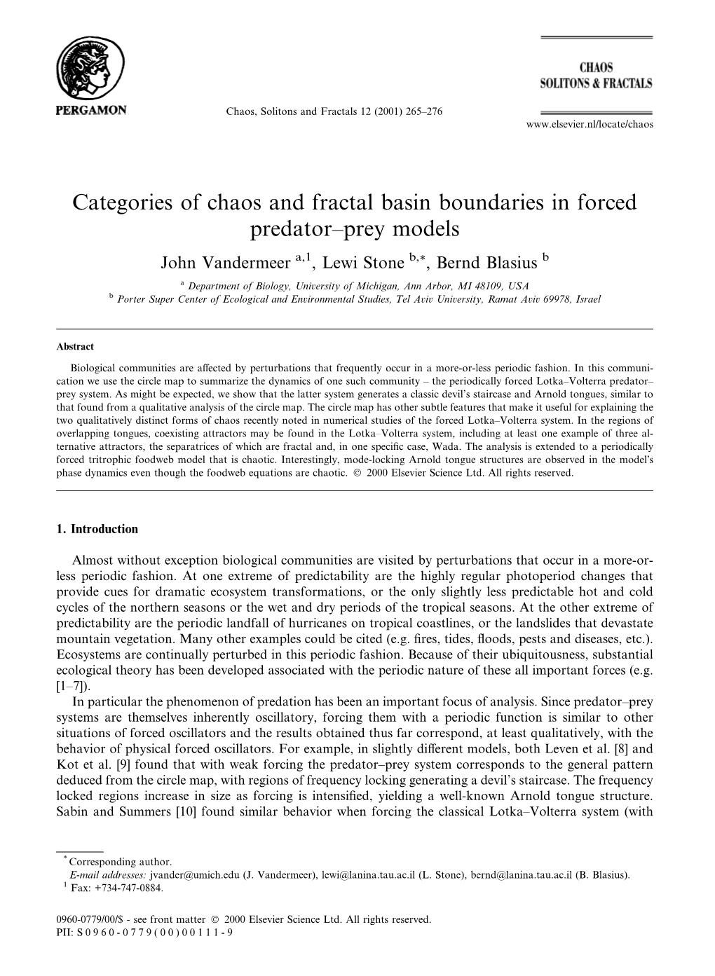 Categories of Chaos and Fractal Basin Boundaries in Forced Predator±Prey Models