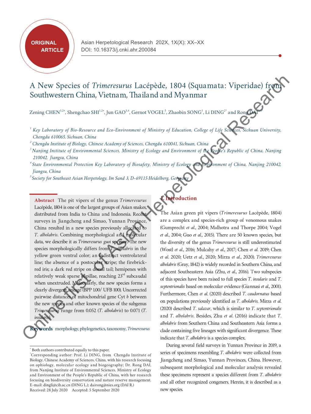 A New Species of Trimeresurus Lacépède, 1804 (Squamata: Viperidae) from Southwestern China, Vietnam, Thailand and Myanmar