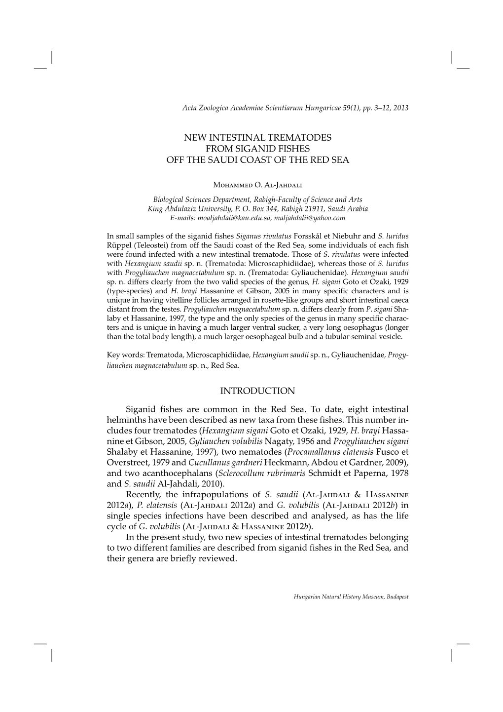 New Intestinal Trematodes from Siganid Fishes Off the Saudi Coast of the Red Sea