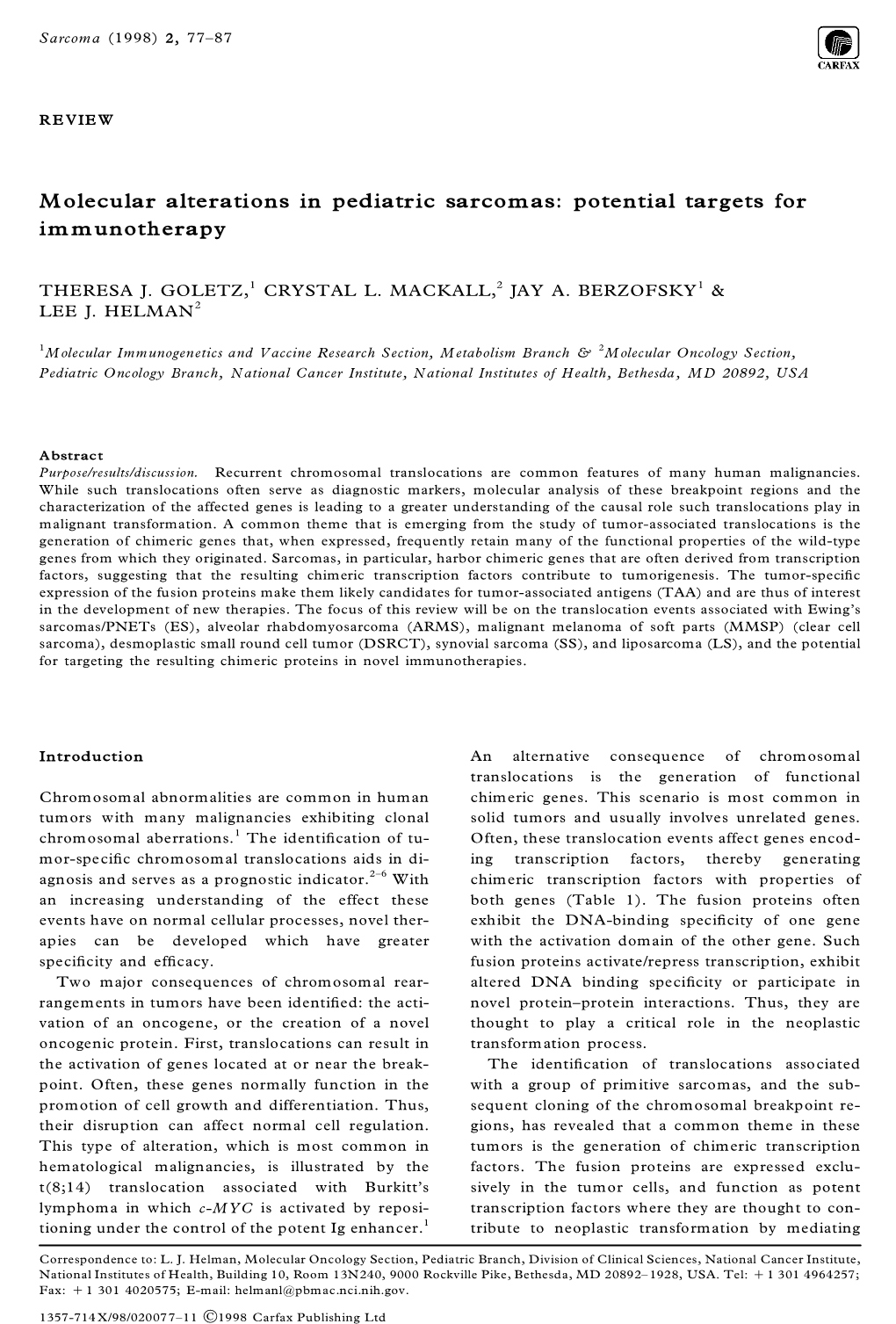 Molecular Alterations in Pediatric Sarcomas: Potential Targets for Immunotherapy