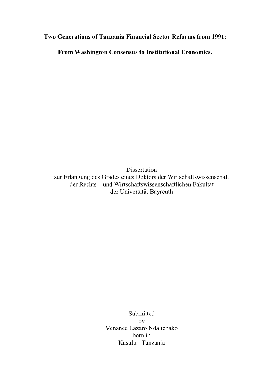 Two Generations of Tanzania Financial Sector Reforms from 1991