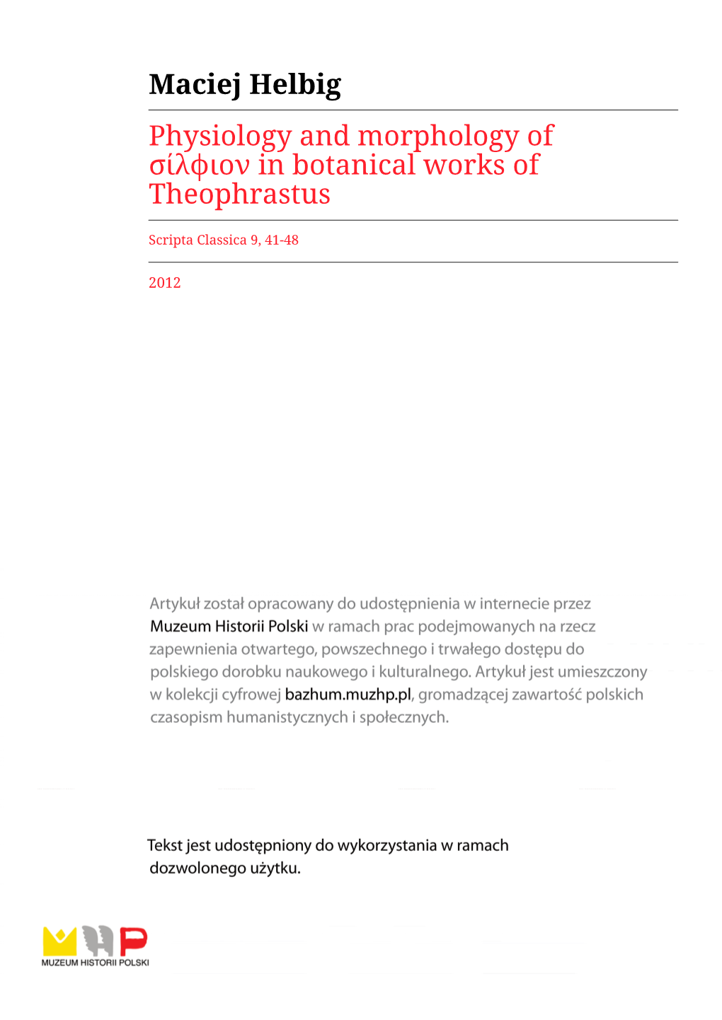 Maciej Helbig Physiology and Morphology of Σίλφιον in Botanical Works of Theophrastus