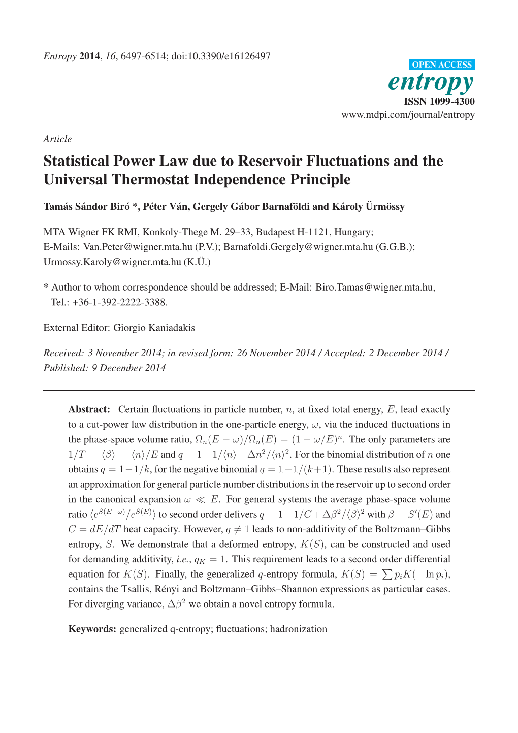 Entropy 2014, 16, 6497-6514; Doi:10.3390/E16126497 OPEN ACCESS Entropy ISSN 1099-4300