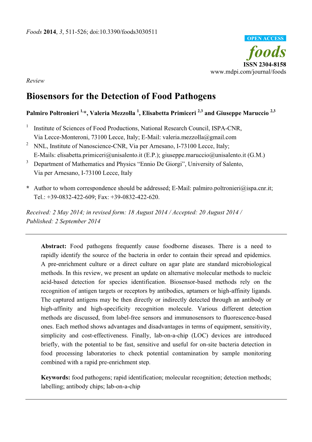 Biosensors for the Detection of Food Pathogens