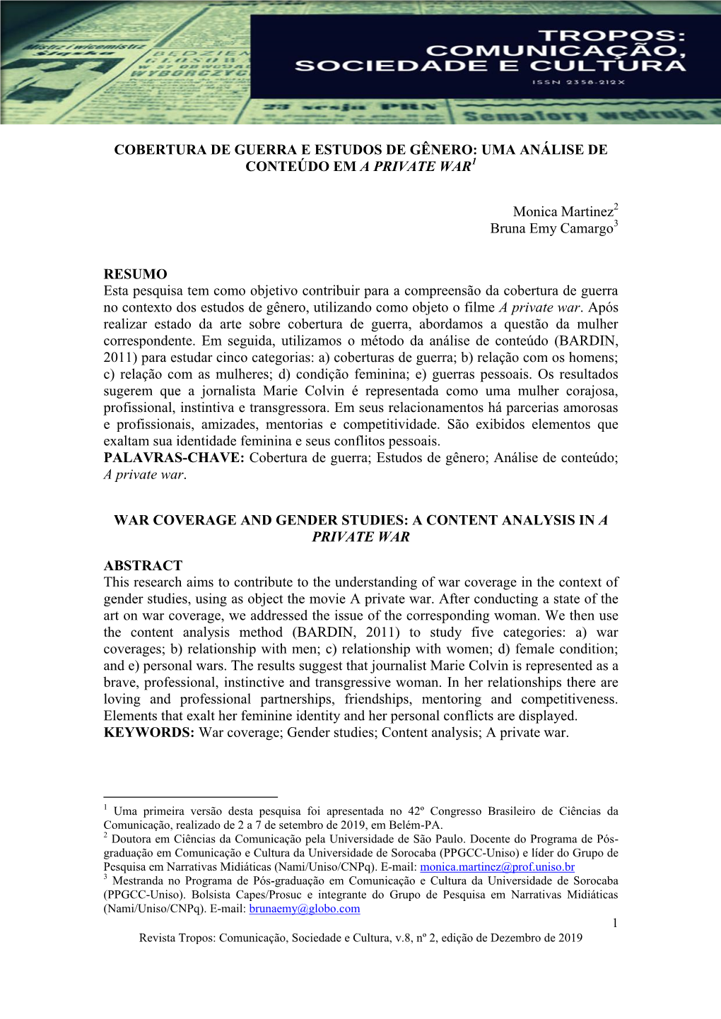 Cobertura De Guerra E Estudos De Gênero: Uma Análise De Conteúdo Em a Private War1