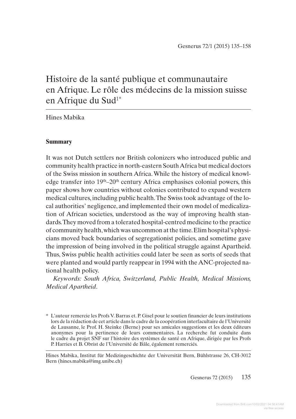 Histoire De La Santé Publique Et Communautaire En Afrique. Le Rôle Des Médecins De La Mission Suisse En Afrique Du Sud1*