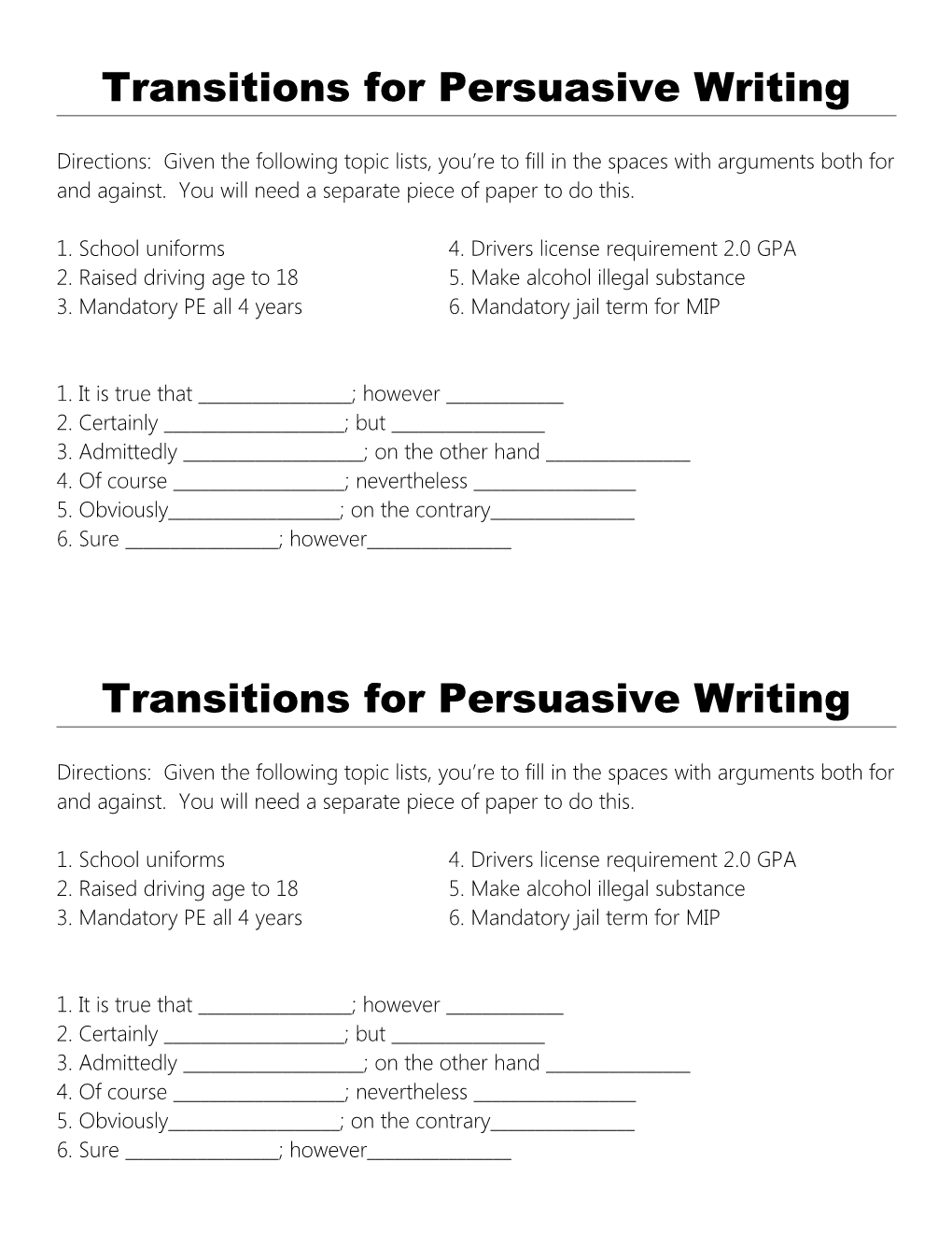 Transitions for Persuasive Writing