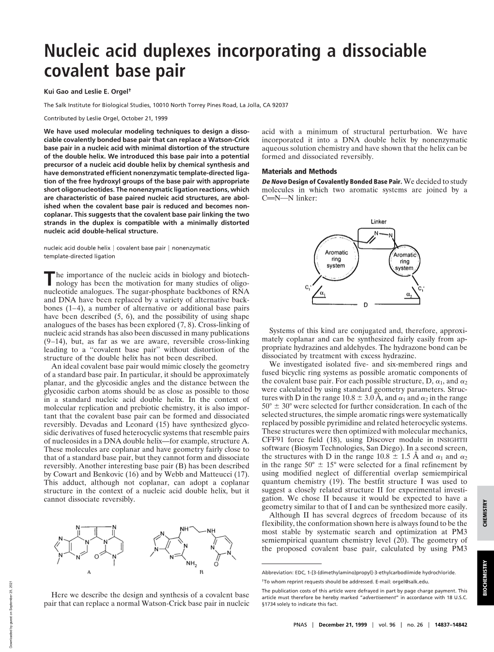 Nucleic Acid Duplexes Incorporating a Dissociable Covalent Base Pair