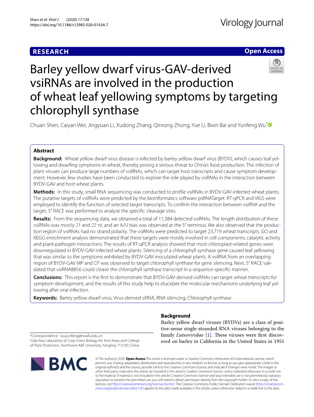 Barley Yellow Dwarf Virus-GAV-Derived Vsirnas Are Involved in the Production of Wheat Leaf Yellowing Symptoms by Targeting Chlor