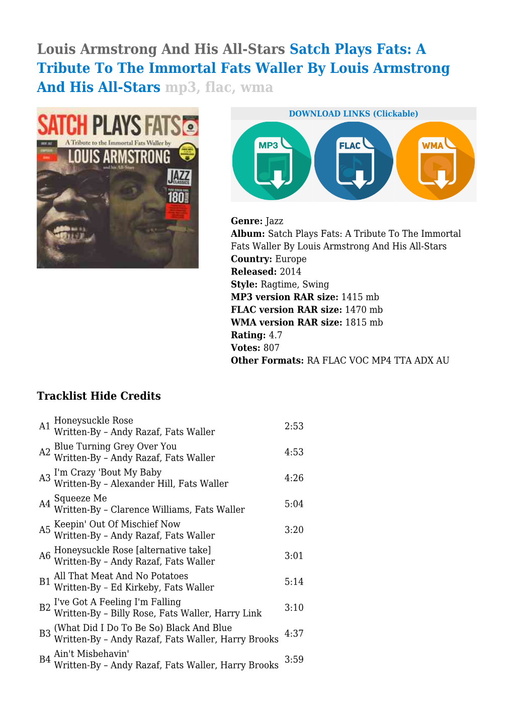 Louis Armstrong and His All-Stars Satch Plays Fats: a Tribute to the Immortal Fats Waller by Louis Armstrong and His All-Stars Mp3, Flac, Wma