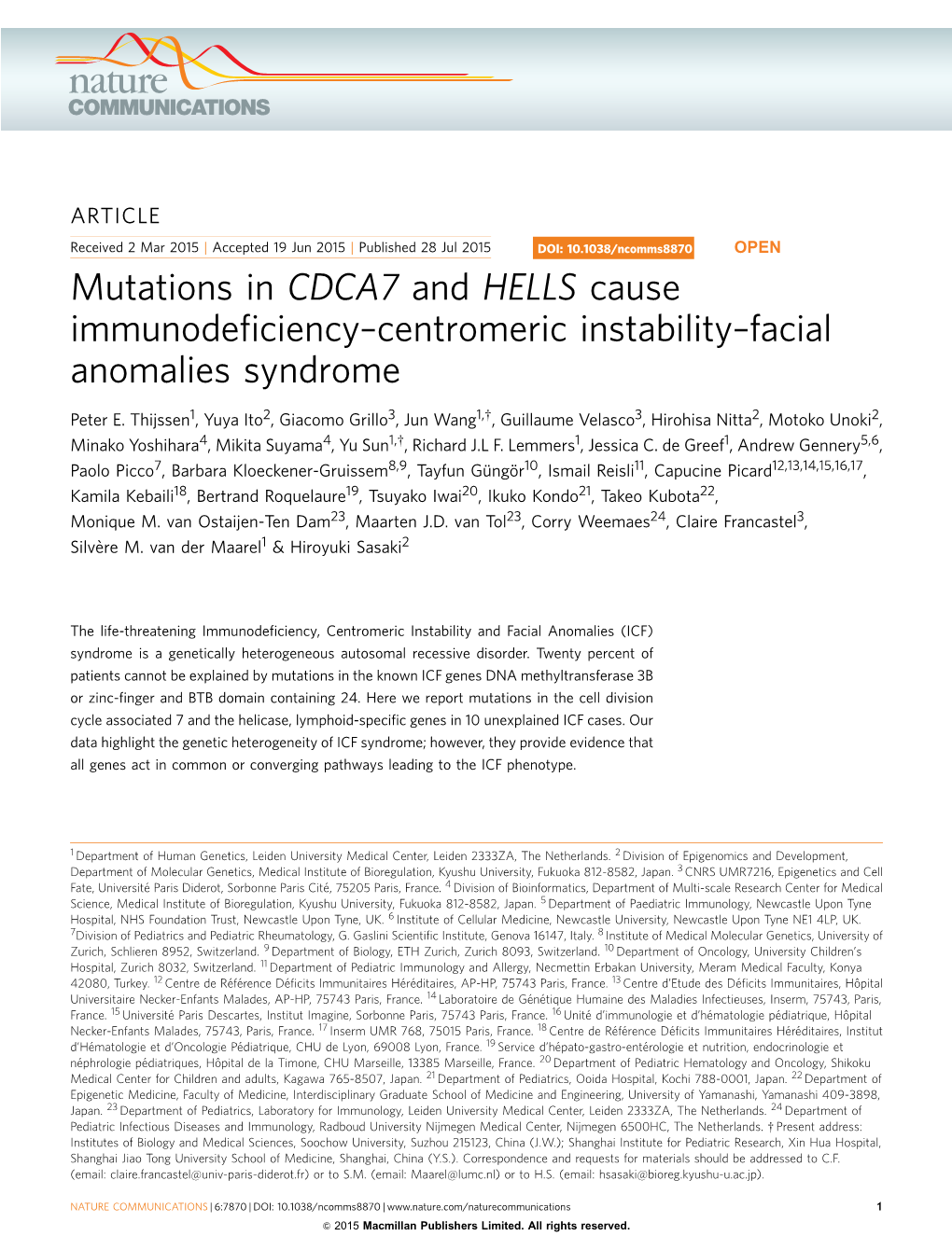 Mutations in CDCA7 and HELLS Cause Immunodeficiency–Centromeric Instability–Facial Anomalies Syndrome
