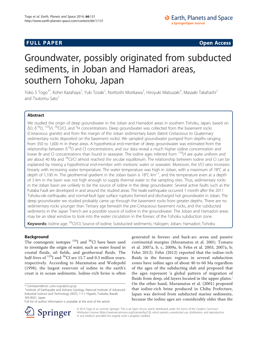 Groundwater, Possibly Originated from Subducted Sediments, in Joban