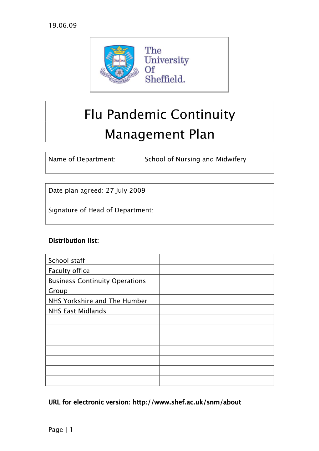 Flu Pandemic Continuity Management Plan