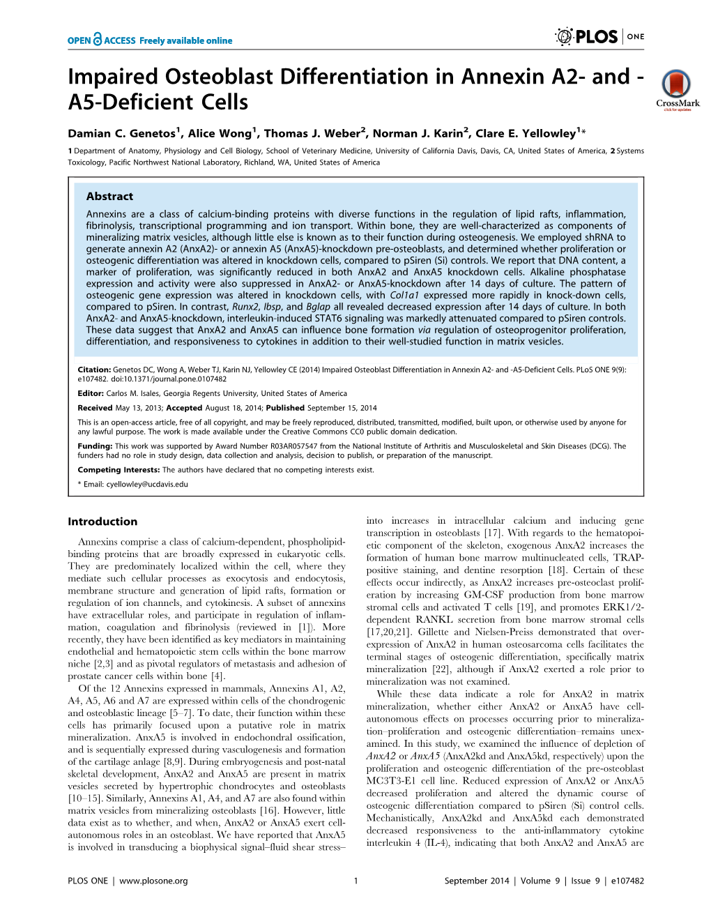 Impaired Osteoblast Differentiation in Annexin A2- and - A5-Deficient Cells