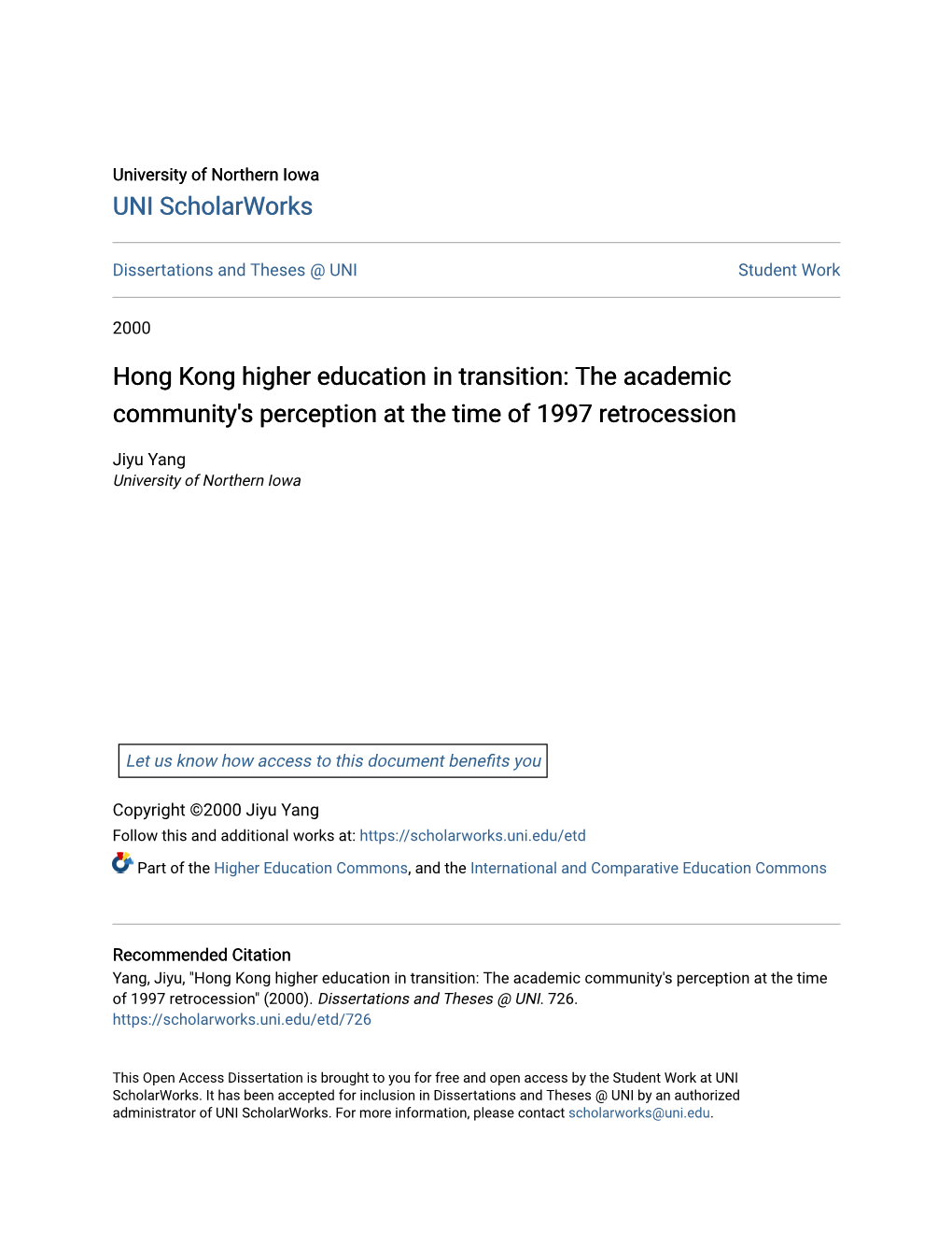 Hong Kong Higher Education in Transition: the Academic Community's Perception at the Time of 1997 Retrocession