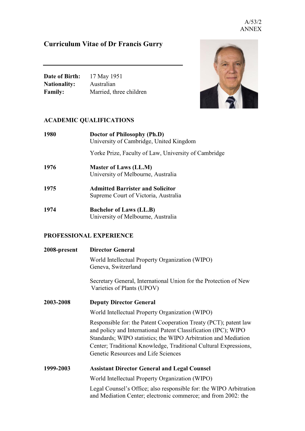 Curriculum Vitae of Dr Francis Gurry