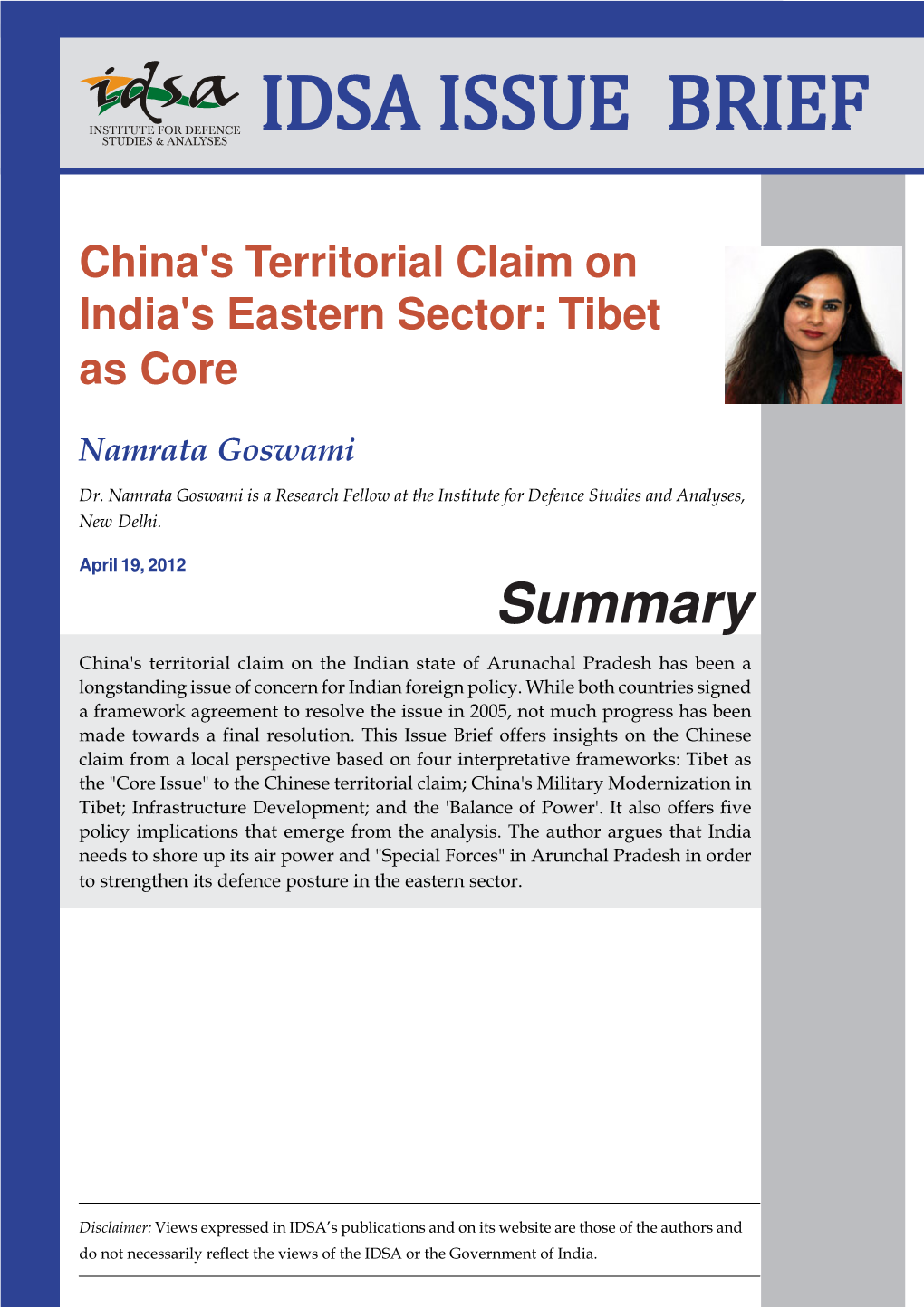 China's Territorial Claim on India's Eastern Sector: Tibet As Core