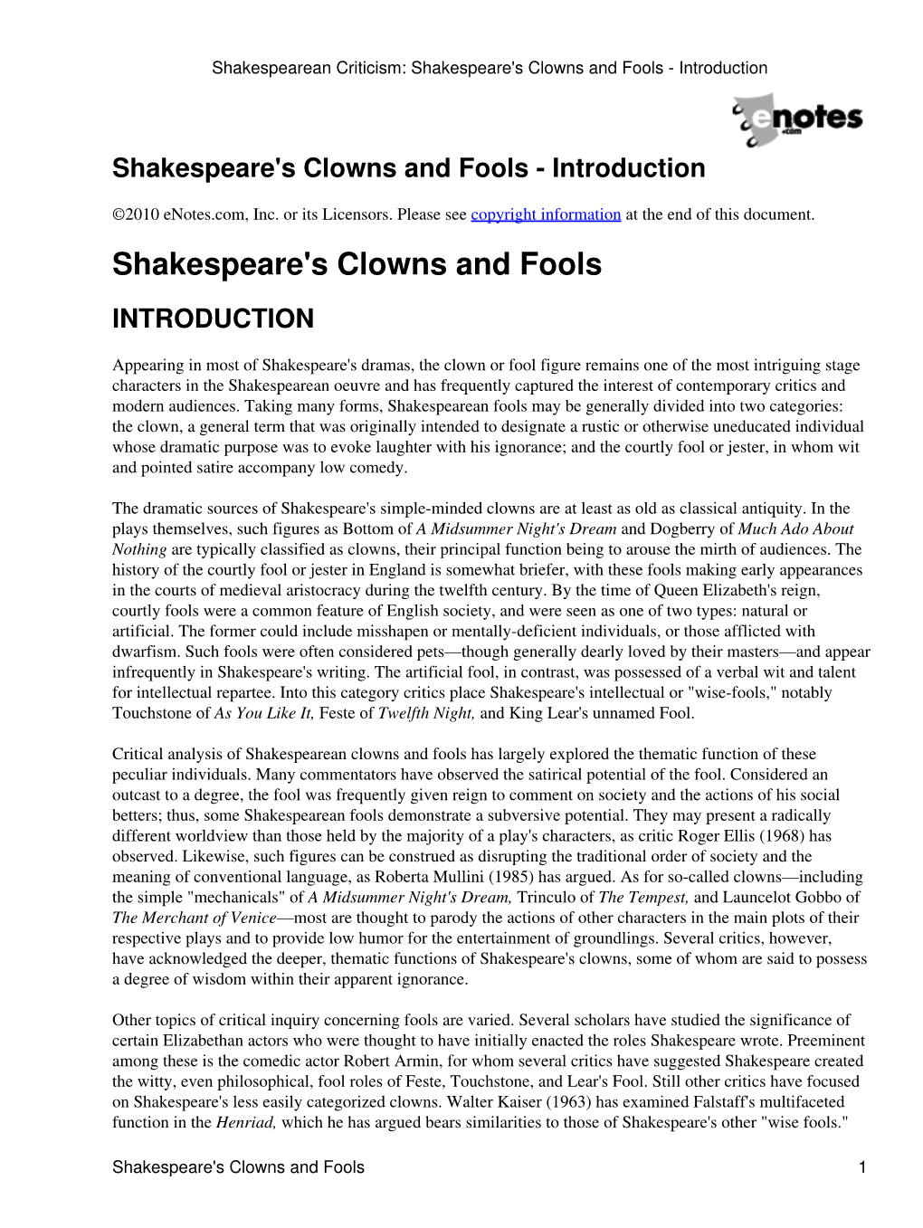 Shakespeare's Clowns and Fools - Introduction