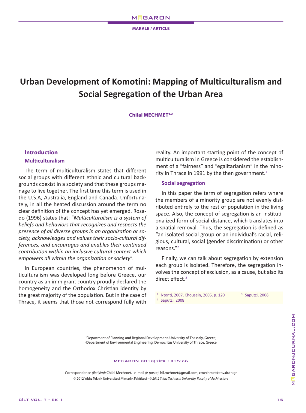 Urban Development of Komotini: Mapping of Multiculturalism and Social Segregation of the Urban Area