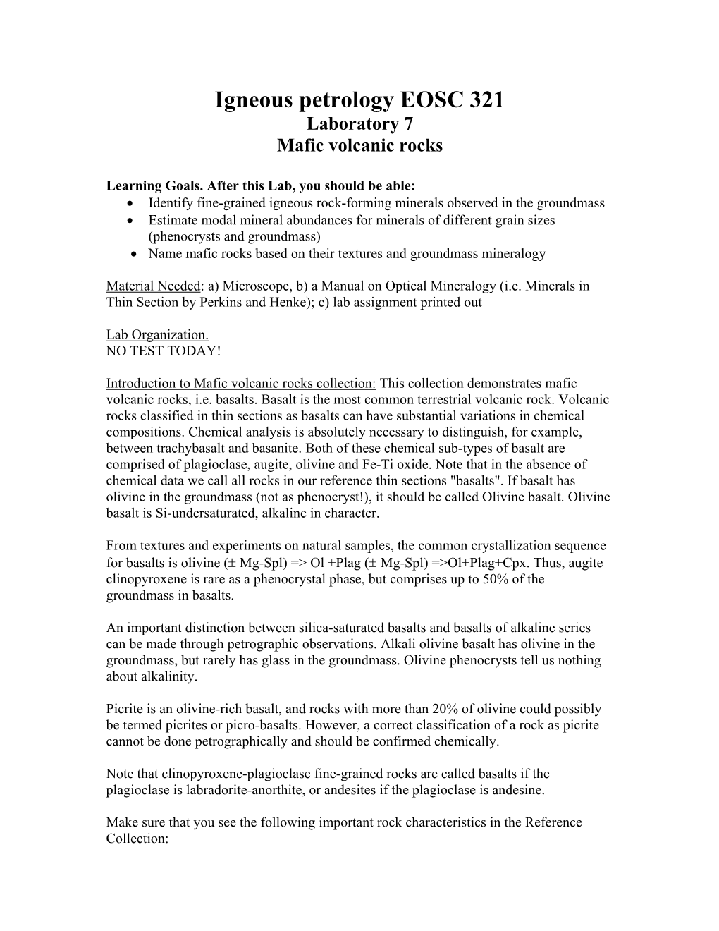 Igneous Petrology EOSC 321 Laboratory 7 Mafic Volcanic Rocks