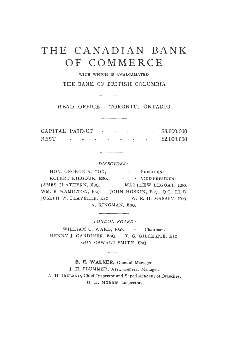 Of Commerce with Which Is Amalgamated the Bank of British Columbia