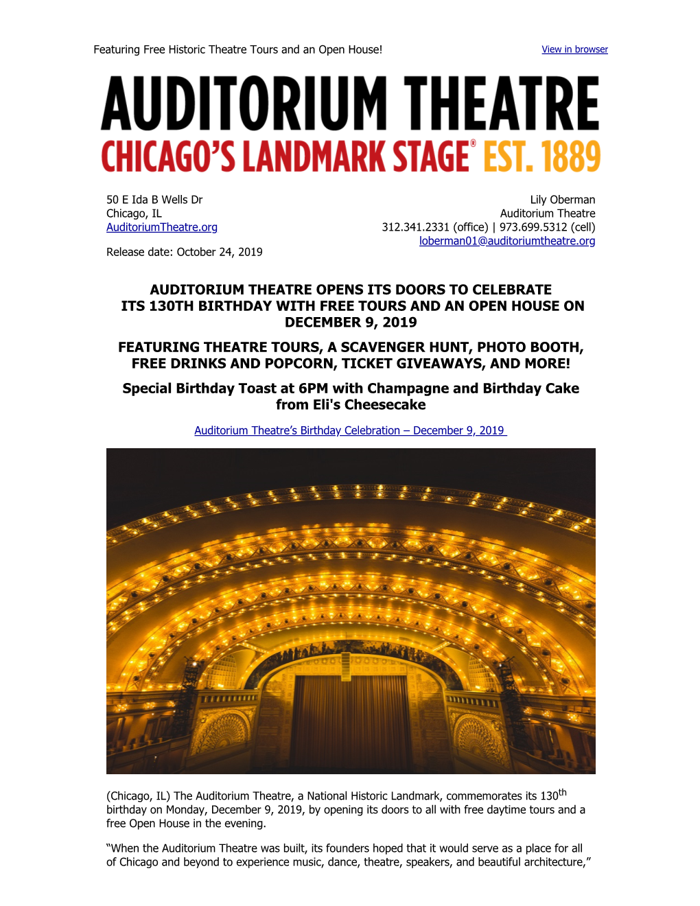 Auditorium Theatre's 130Th Birthday Celebration on December 9!