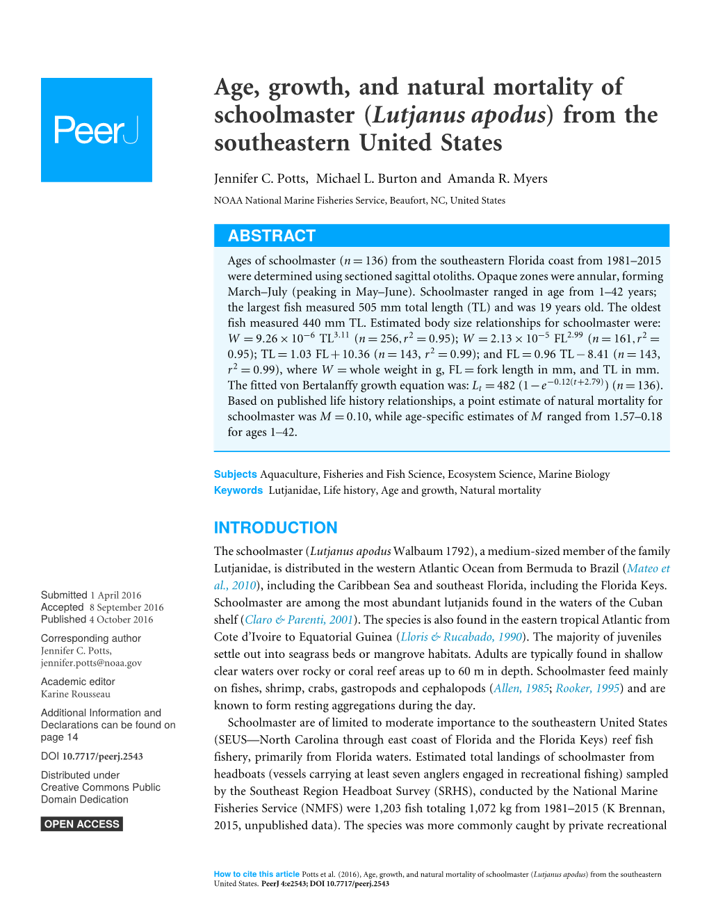Age, Growth, and Natural Mortality of Schoolmaster (Lutjanus Apodus) from the Southeastern United States